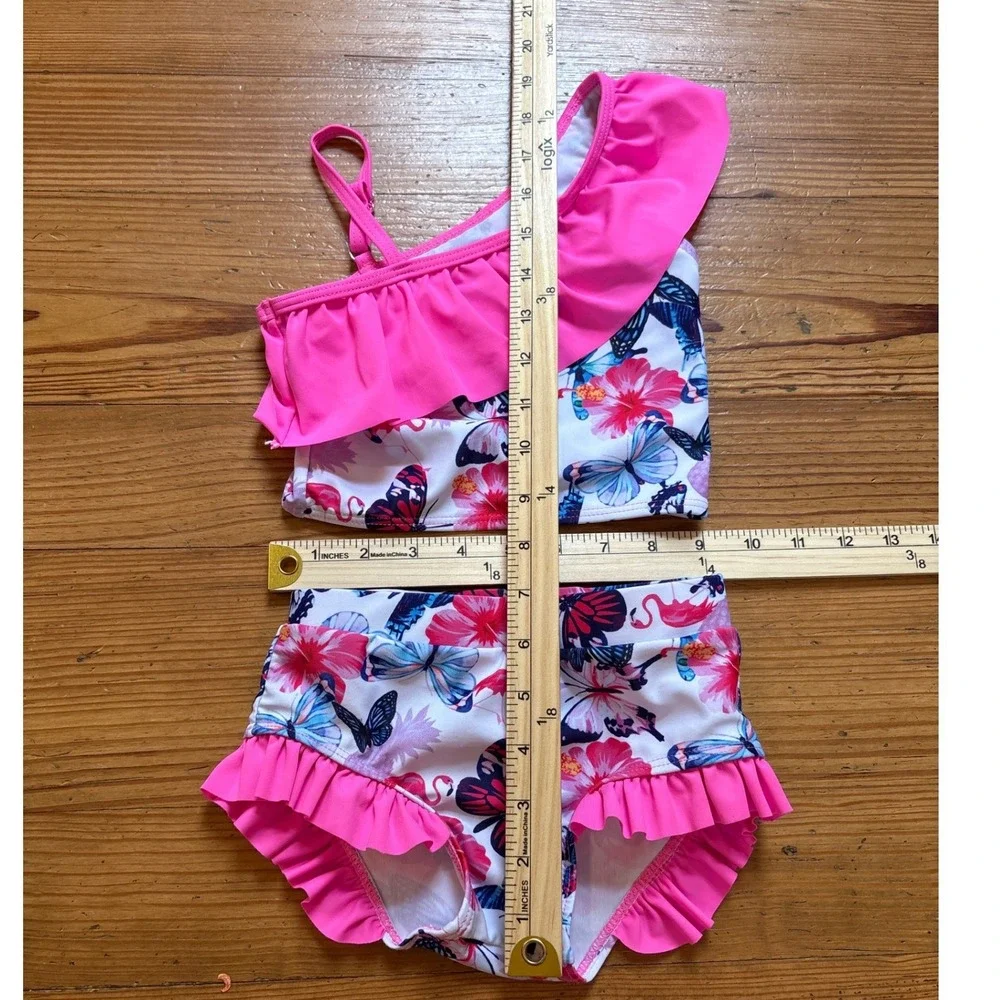 Two Piece Swimsuit Kids Pink Tropical Butterfly Ruffle SIZE 3Y‎